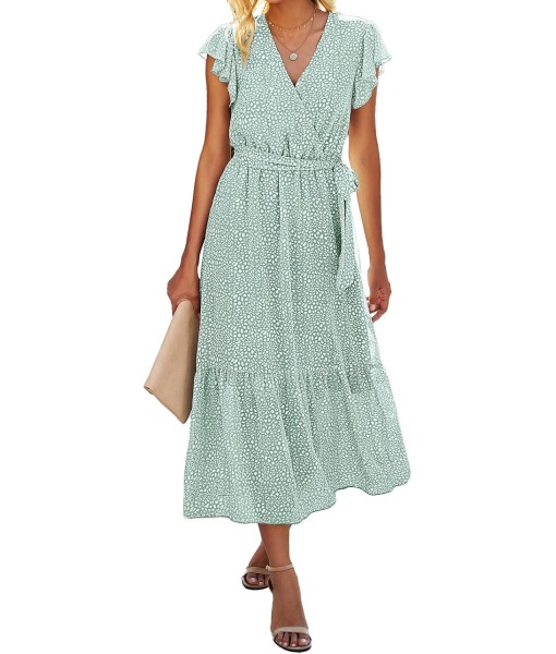 BTFBM Women Summer Bohemian Floral Casual Wrap V Neck Ruffle Cap Sleeveless Belt A-Line Pleated Hem Midi Sun Dress White