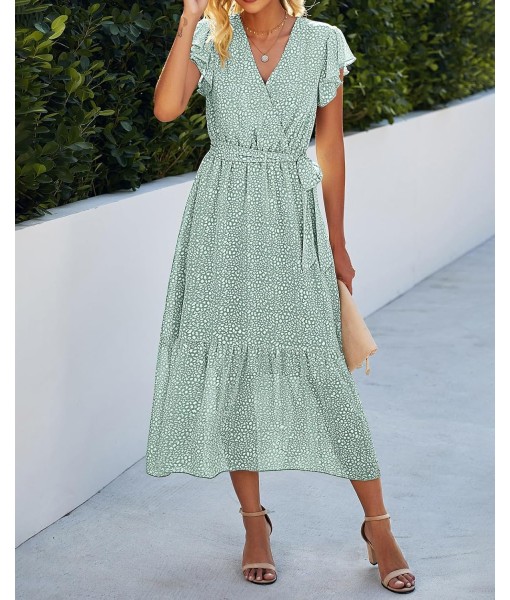 BTFBM Women Summer Bohemian Floral Casual Wrap V Neck Ruffle Cap Sleeveless Belt A-Line Pleated Hem Midi Sun Dress White