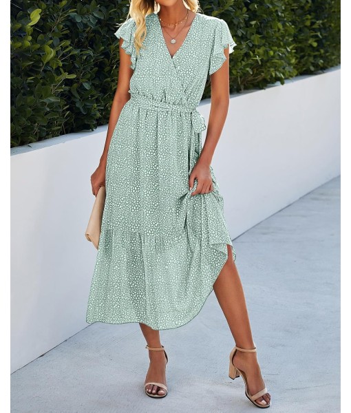 BTFBM Women Summer Bohemian Floral Casual Wrap V Neck Ruffle Cap Sleeveless Belt A-Line Pleated Hem Midi Sun Dress White
