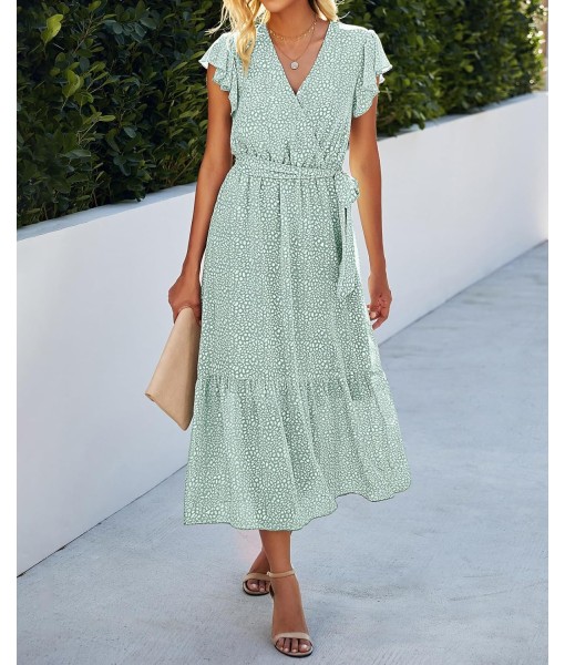 BTFBM Women Summer Bohemian Floral Casual Wrap V Neck Ruffle Cap Sleeveless Belt A-Line Pleated Hem Midi Sun Dress White