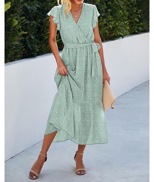 BTFBM Women Summer Bohemian Floral Casual Wrap V Neck Ruffle Cap Sleeveless Belt A-Line Pleated Hem Midi Sun Dress White