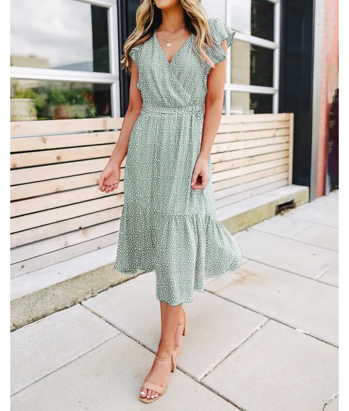 BTFBM Women Summer Bohemian Floral Casual Wrap V Neck Ruffle Cap Sleeveless Belt A-Line Pleated Hem Midi Sun Dress White
