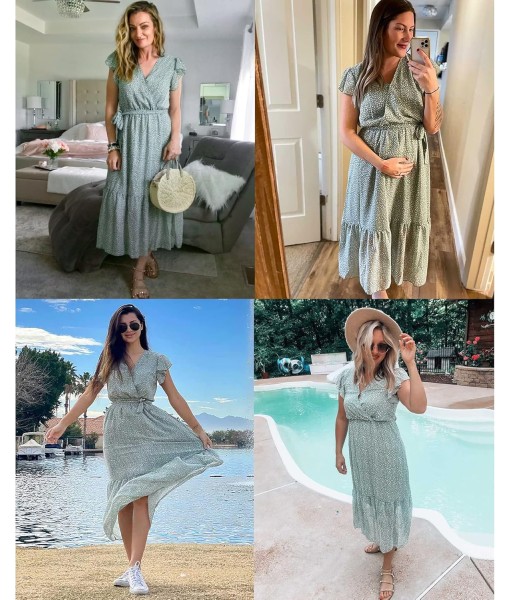 BTFBM Women Summer Bohemian Floral Casual Wrap V Neck Ruffle Cap Sleeveless Belt A-Line Pleated Hem Midi Sun Dress White