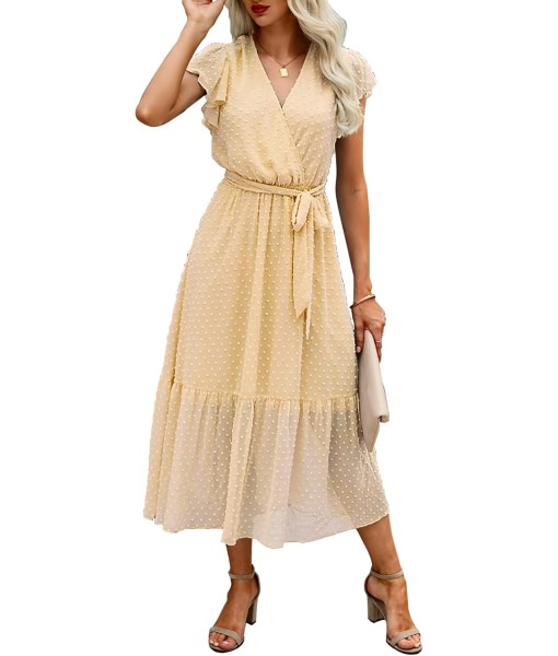 BTFBM Women Summer Bohemian Floral Casual Wrap V Neck Ruffle Cap Sleeveless Belt A-Line Pleated Hem Midi Sun Dress White