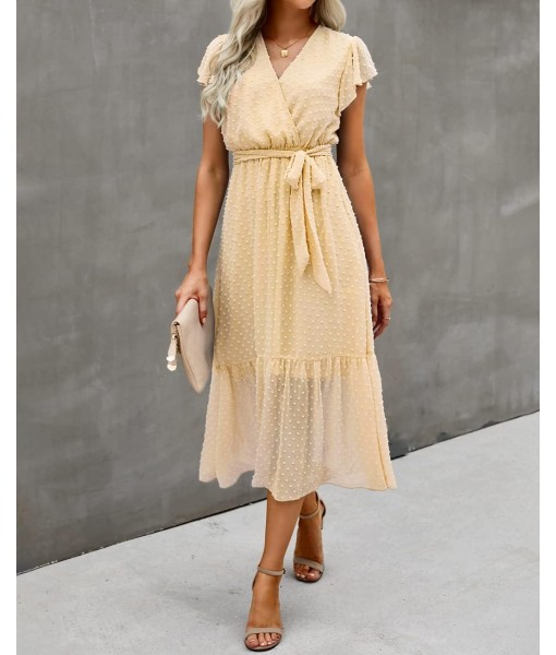 BTFBM Women Summer Bohemian Floral Casual Wrap V Neck Ruffle Cap Sleeveless Belt A-Line Pleated Hem Midi Sun Dress White