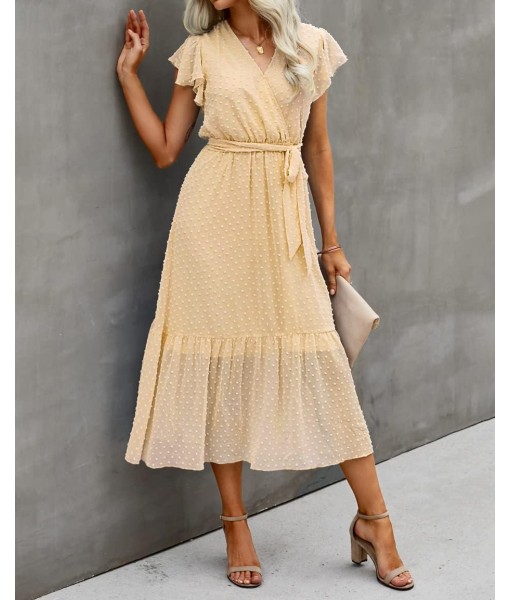 BTFBM Women Summer Bohemian Floral Casual Wrap V Neck Ruffle Cap Sleeveless Belt A-Line Pleated Hem Midi Sun Dress White