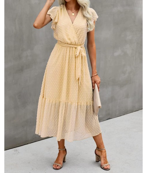 BTFBM Women Summer Bohemian Floral Casual Wrap V Neck Ruffle Cap Sleeveless Belt A-Line Pleated Hem Midi Sun Dress White