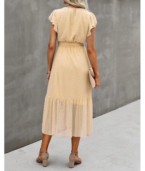 BTFBM Women Summer Bohemian Floral Casual Wrap V Neck Ruffle Cap Sleeveless Belt A-Line Pleated Hem Midi Sun Dress White