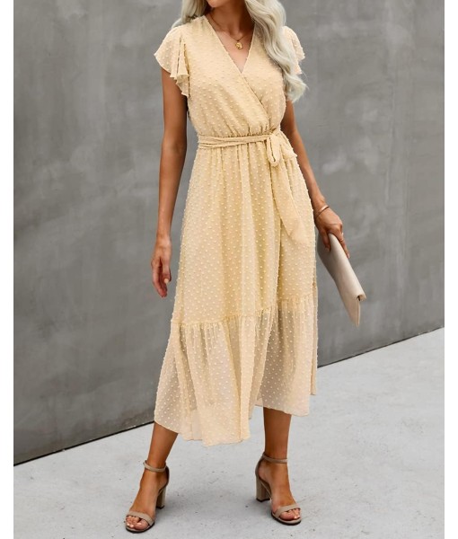 BTFBM Women Summer Bohemian Floral Casual Wrap V Neck Ruffle Cap Sleeveless Belt A-Line Pleated Hem Midi Sun Dress White