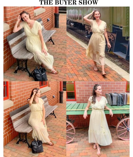 BTFBM Women Summer Bohemian Floral Casual Wrap V Neck Ruffle Cap Sleeveless Belt A-Line Pleated Hem Midi Sun Dress White