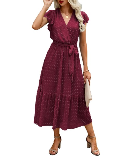 BTFBM Women Summer Bohemian Floral Casual Wrap V Neck Ruffle Cap Sleeveless Belt A-Line Pleated Hem Midi Sun Dress White