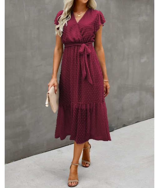 BTFBM Women Summer Bohemian Floral Casual Wrap V Neck Ruffle Cap Sleeveless Belt A-Line Pleated Hem Midi Sun Dress White