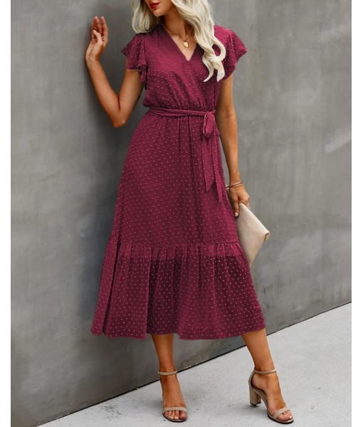 BTFBM Women Summer Bohemian Floral Casual Wrap V Neck Ruffle Cap Sleeveless Belt A-Line Pleated Hem Midi Sun Dress White