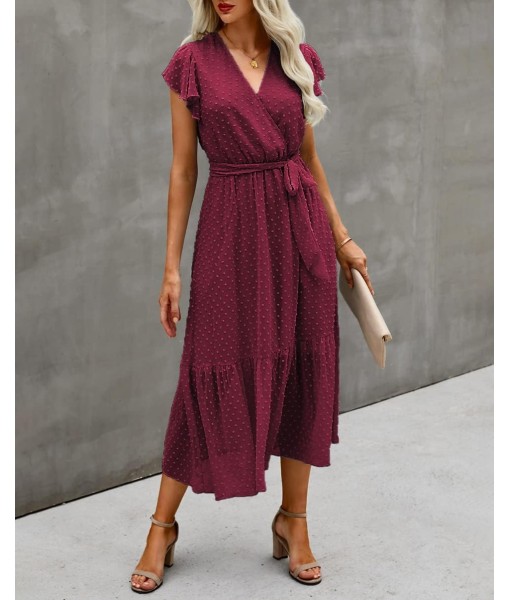 BTFBM Women Summer Bohemian Floral Casual Wrap V Neck Ruffle Cap Sleeveless Belt A-Line Pleated Hem Midi Sun Dress White