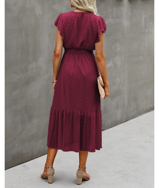 BTFBM Women Summer Bohemian Floral Casual Wrap V Neck Ruffle Cap Sleeveless Belt A-Line Pleated Hem Midi Sun Dress White