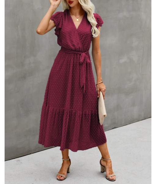 BTFBM Women Summer Bohemian Floral Casual Wrap V Neck Ruffle Cap Sleeveless Belt A-Line Pleated Hem Midi Sun Dress White