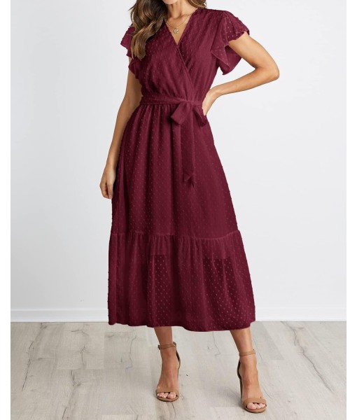 BTFBM Women Summer Bohemian Floral Casual Wrap V Neck Ruffle Cap Sleeveless Belt A-Line Pleated Hem Midi Sun Dress White