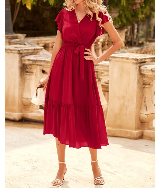 BTFBM Women Summer Bohemian Floral Casual Wrap V Neck Ruffle Cap Sleeveless Belt A-Line Pleated Hem Midi Sun Dress White