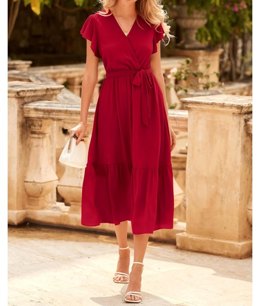 BTFBM Women Summer Bohemian Floral Casual Wrap V Neck Ruffle Cap Sleeveless Belt A-Line Pleated Hem Midi Sun Dress White