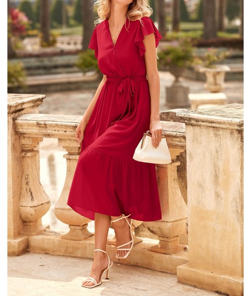 BTFBM Women Summer Bohemian Floral Casual Wrap V Neck Ruffle Cap Sleeveless Belt A-Line Pleated Hem Midi Sun Dress White