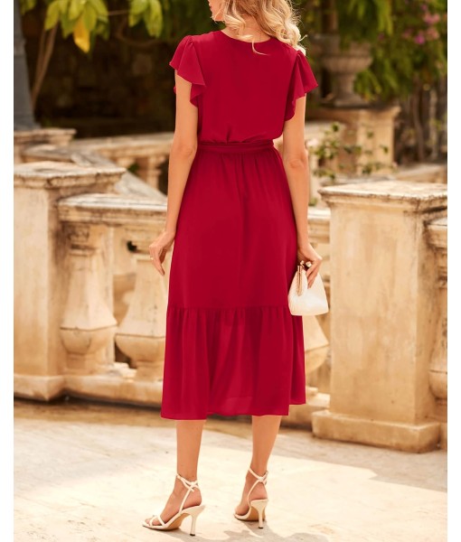 BTFBM Women Summer Bohemian Floral Casual Wrap V Neck Ruffle Cap Sleeveless Belt A-Line Pleated Hem Midi Sun Dress White