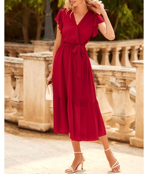 BTFBM Women Summer Bohemian Floral Casual Wrap V Neck Ruffle Cap Sleeveless Belt A-Line Pleated Hem Midi Sun Dress White