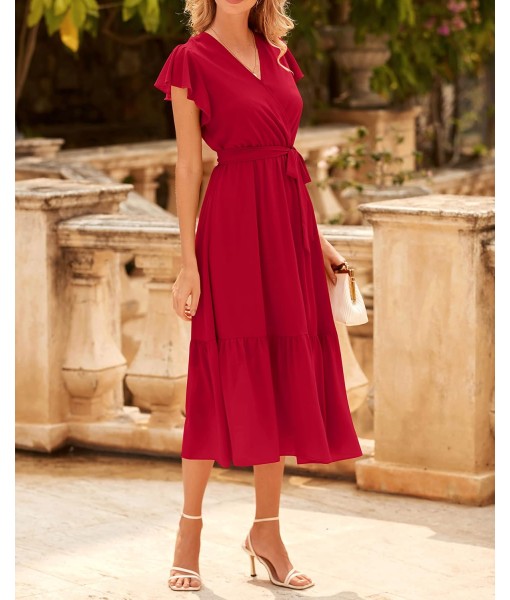 BTFBM Women Summer Bohemian Floral Casual Wrap V Neck Ruffle Cap Sleeveless Belt A-Line Pleated Hem Midi Sun Dress White