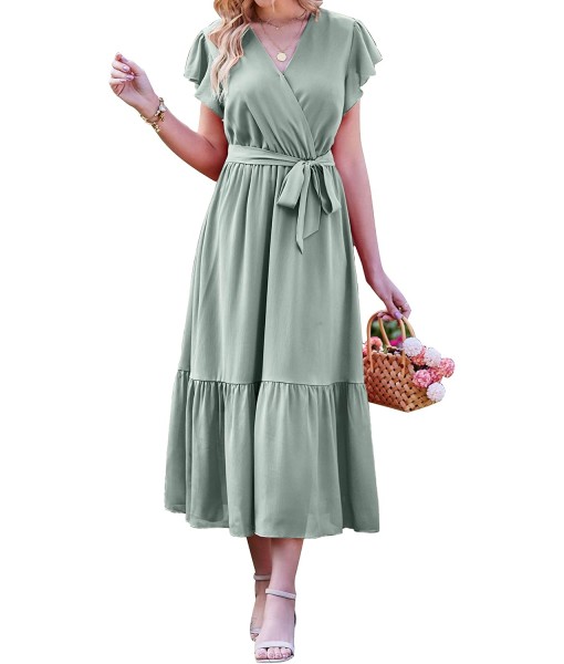 BTFBM Women Summer Bohemian Floral Casual Wrap V Neck Ruffle Cap Sleeveless Belt A-Line Pleated Hem Midi Sun Dress White