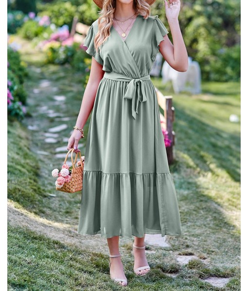 BTFBM Women Summer Bohemian Floral Casual Wrap V Neck Ruffle Cap Sleeveless Belt A-Line Pleated Hem Midi Sun Dress White