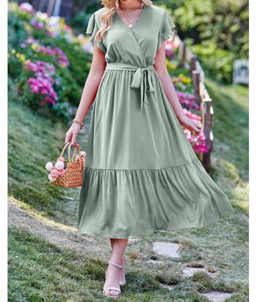 BTFBM Women Summer Bohemian Floral Casual Wrap V Neck Ruffle Cap Sleeveless Belt A-Line Pleated Hem Midi Sun Dress White