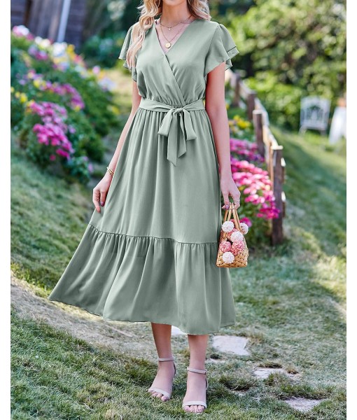 BTFBM Women Summer Bohemian Floral Casual Wrap V Neck Ruffle Cap Sleeveless Belt A-Line Pleated Hem Midi Sun Dress White