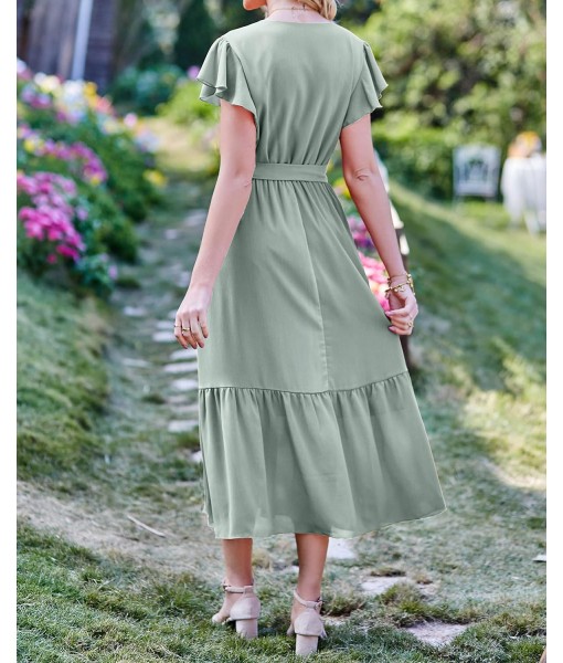 BTFBM Women Summer Bohemian Floral Casual Wrap V Neck Ruffle Cap Sleeveless Belt A-Line Pleated Hem Midi Sun Dress White