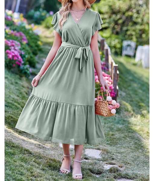 BTFBM Women Summer Bohemian Floral Casual Wrap V Neck Ruffle Cap Sleeveless Belt A-Line Pleated Hem Midi Sun Dress White