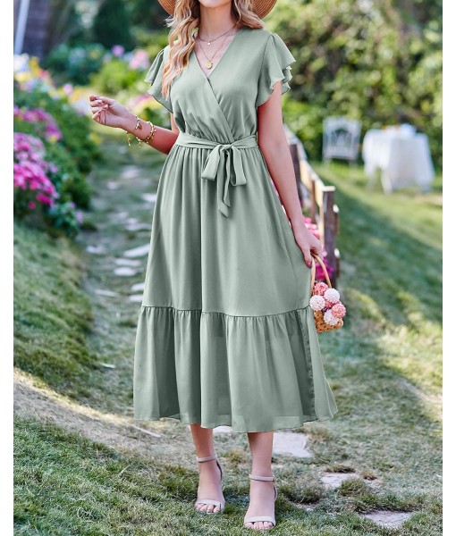 BTFBM Women Summer Bohemian Floral Casual Wrap V Neck Ruffle Cap Sleeveless Belt A-Line Pleated Hem Midi Sun Dress White
