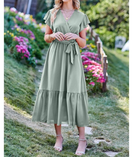 BTFBM Women Summer Bohemian Floral Casual Wrap V Neck Ruffle Cap Sleeveless Belt A-Line Pleated Hem Midi Sun Dress White