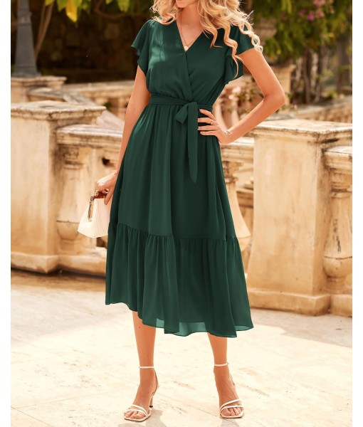 BTFBM Women Summer Bohemian Floral Casual Wrap V Neck Ruffle Cap Sleeveless Belt A-Line Pleated Hem Midi Sun Dress White
