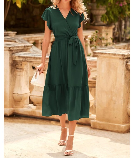 BTFBM Women Summer Bohemian Floral Casual Wrap V Neck Ruffle Cap Sleeveless Belt A-Line Pleated Hem Midi Sun Dress White