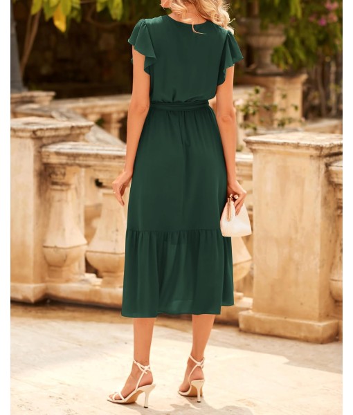 BTFBM Women Summer Bohemian Floral Casual Wrap V Neck Ruffle Cap Sleeveless Belt A-Line Pleated Hem Midi Sun Dress White