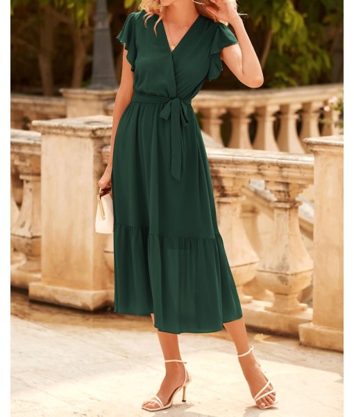 BTFBM Women Summer Bohemian Floral Casual Wrap V Neck Ruffle Cap Sleeveless Belt A-Line Pleated Hem Midi Sun Dress White