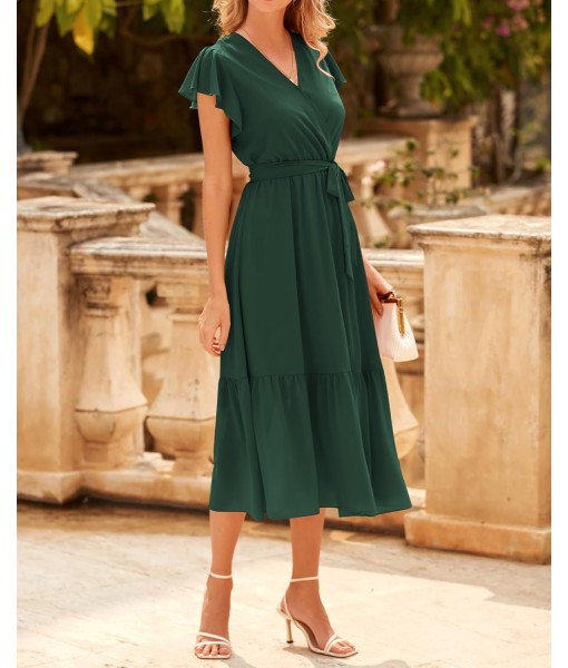 BTFBM Women Summer Bohemian Floral Casual Wrap V Neck Ruffle Cap Sleeveless Belt A-Line Pleated Hem Midi Sun Dress White