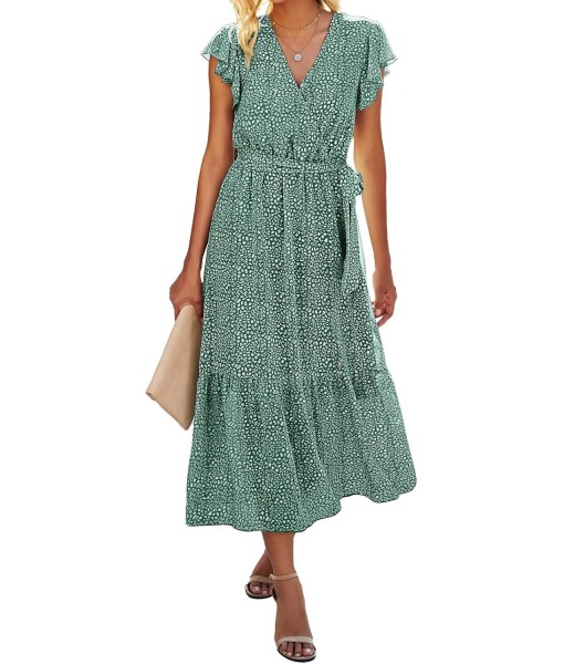 BTFBM Women Summer Bohemian Floral Casual Wrap V Neck Ruffle Cap Sleeveless Belt A-Line Pleated Hem Midi Sun Dress White