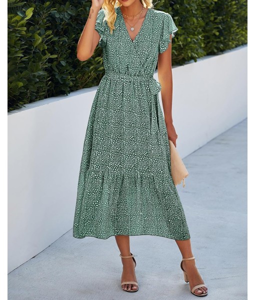 BTFBM Women Summer Bohemian Floral Casual Wrap V Neck Ruffle Cap Sleeveless Belt A-Line Pleated Hem Midi Sun Dress White
