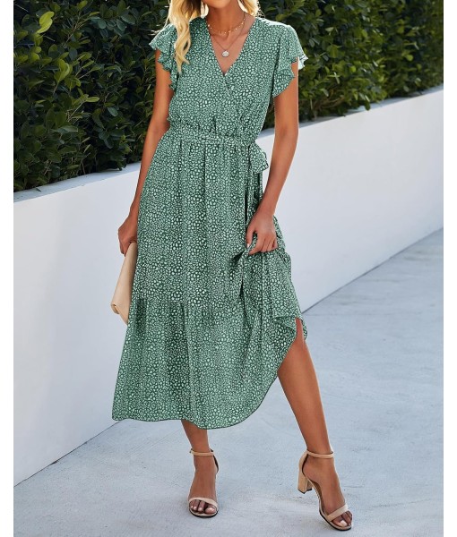 BTFBM Women Summer Bohemian Floral Casual Wrap V Neck Ruffle Cap Sleeveless Belt A-Line Pleated Hem Midi Sun Dress White