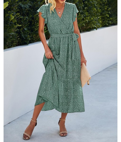 BTFBM Women Summer Bohemian Floral Casual Wrap V Neck Ruffle Cap Sleeveless Belt A-Line Pleated Hem Midi Sun Dress White