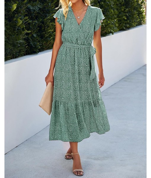 BTFBM Women Summer Bohemian Floral Casual Wrap V Neck Ruffle Cap Sleeveless Belt A-Line Pleated Hem Midi Sun Dress White