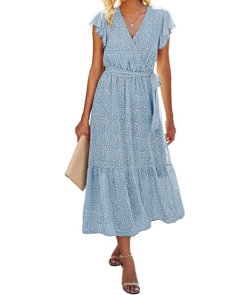 BTFBM Women Summer Bohemian Floral Casual Wrap V Neck Ruffle Cap Sleeveless Belt A-Line Pleated Hem Midi Sun Dress White