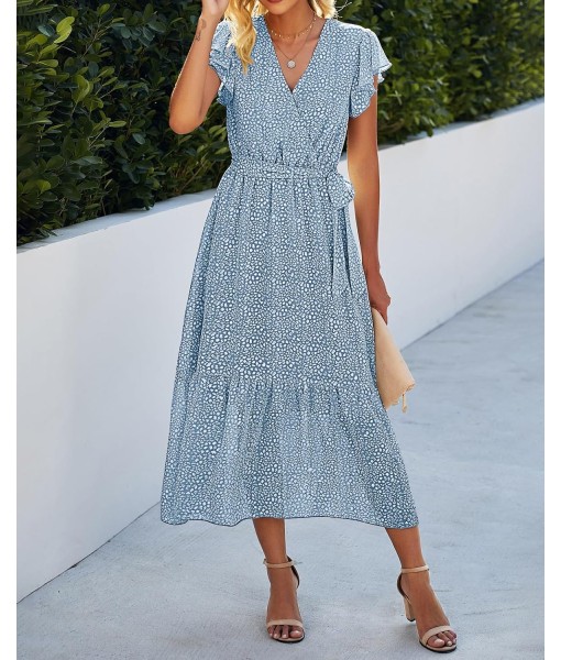 BTFBM Women Summer Bohemian Floral Casual Wrap V Neck Ruffle Cap Sleeveless Belt A-Line Pleated Hem Midi Sun Dress White
