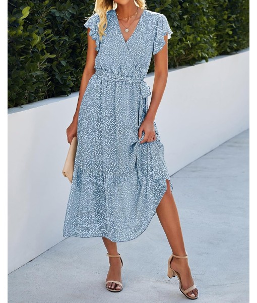 BTFBM Women Summer Bohemian Floral Casual Wrap V Neck Ruffle Cap Sleeveless Belt A-Line Pleated Hem Midi Sun Dress White