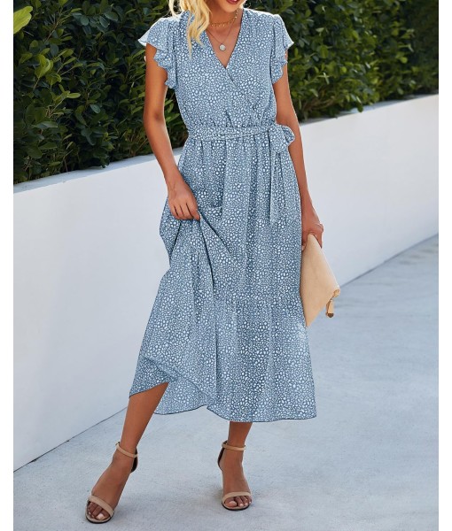 BTFBM Women Summer Bohemian Floral Casual Wrap V Neck Ruffle Cap Sleeveless Belt A-Line Pleated Hem Midi Sun Dress White