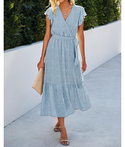 BTFBM Women Summer Bohemian Floral Casual Wrap V Neck Ruffle Cap Sleeveless Belt A-Line Pleated Hem Midi Sun Dress White